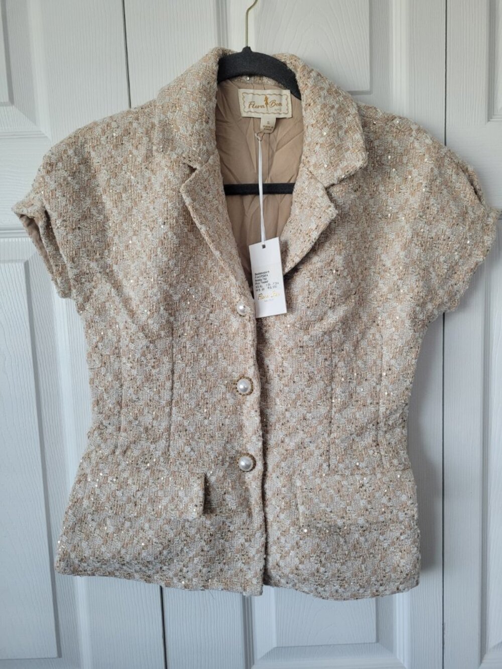 NWT FLORA BEA Basketweave Poly Tweed Women's Briella Top in Beige Size S